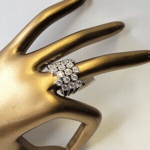 Clear Rhinestones Ring Size 8 Wide Band Silver Tone -Size 8